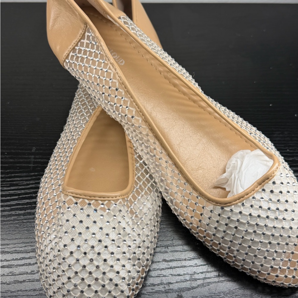 Beige Rhinestone Mesh Ballet Flats - Women's Sparkle Slip-Ons